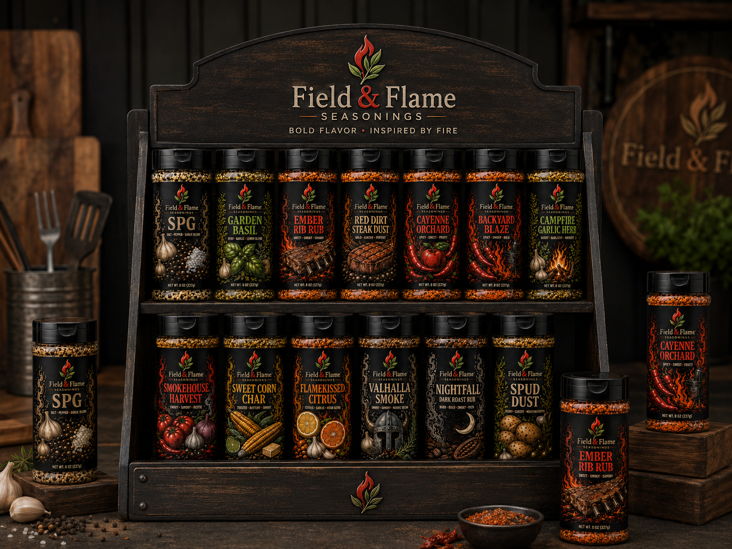 Field & Flame wooden retail display stand with seasonings