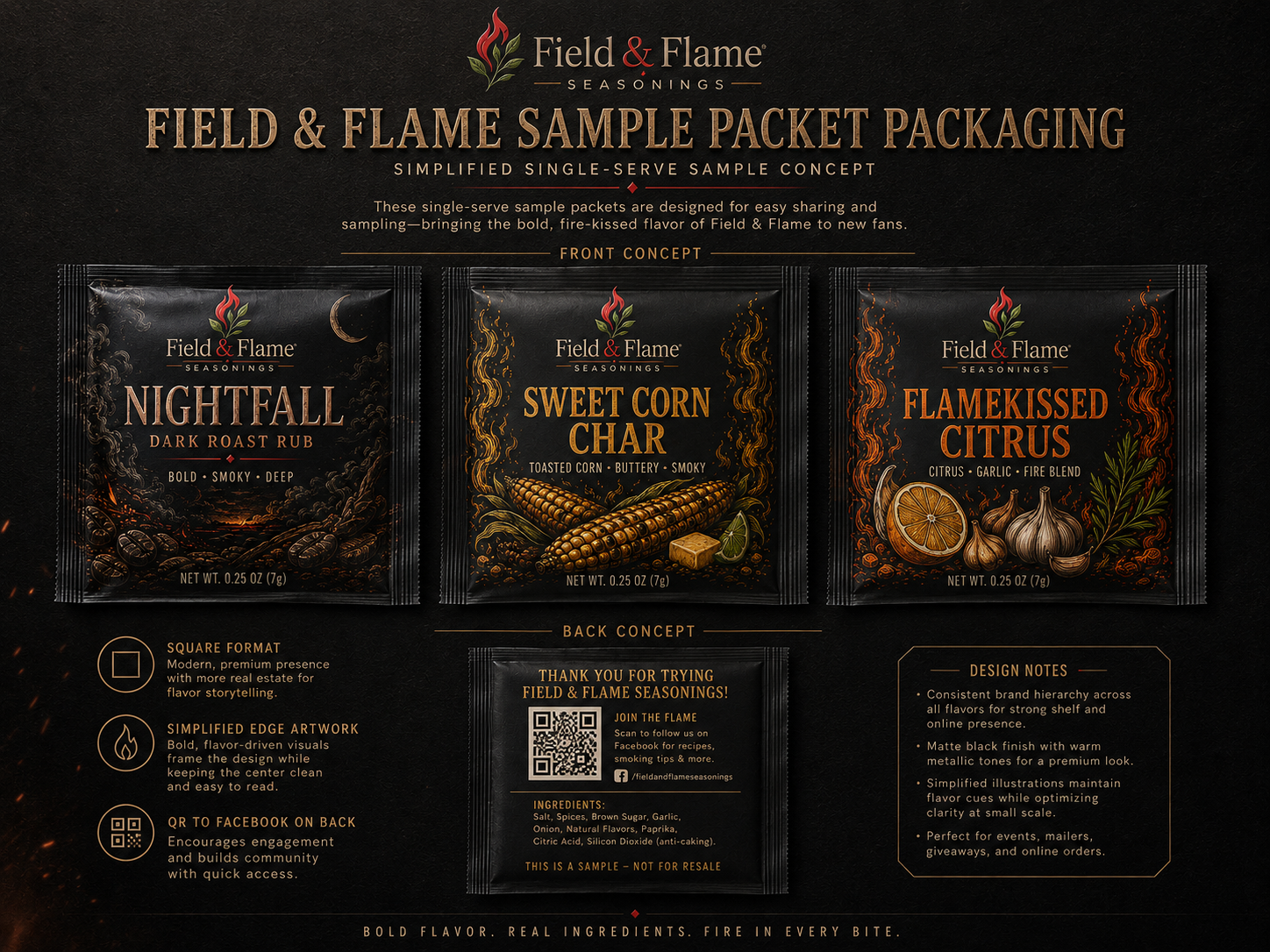 Field & Flame sample packet packaging concepts