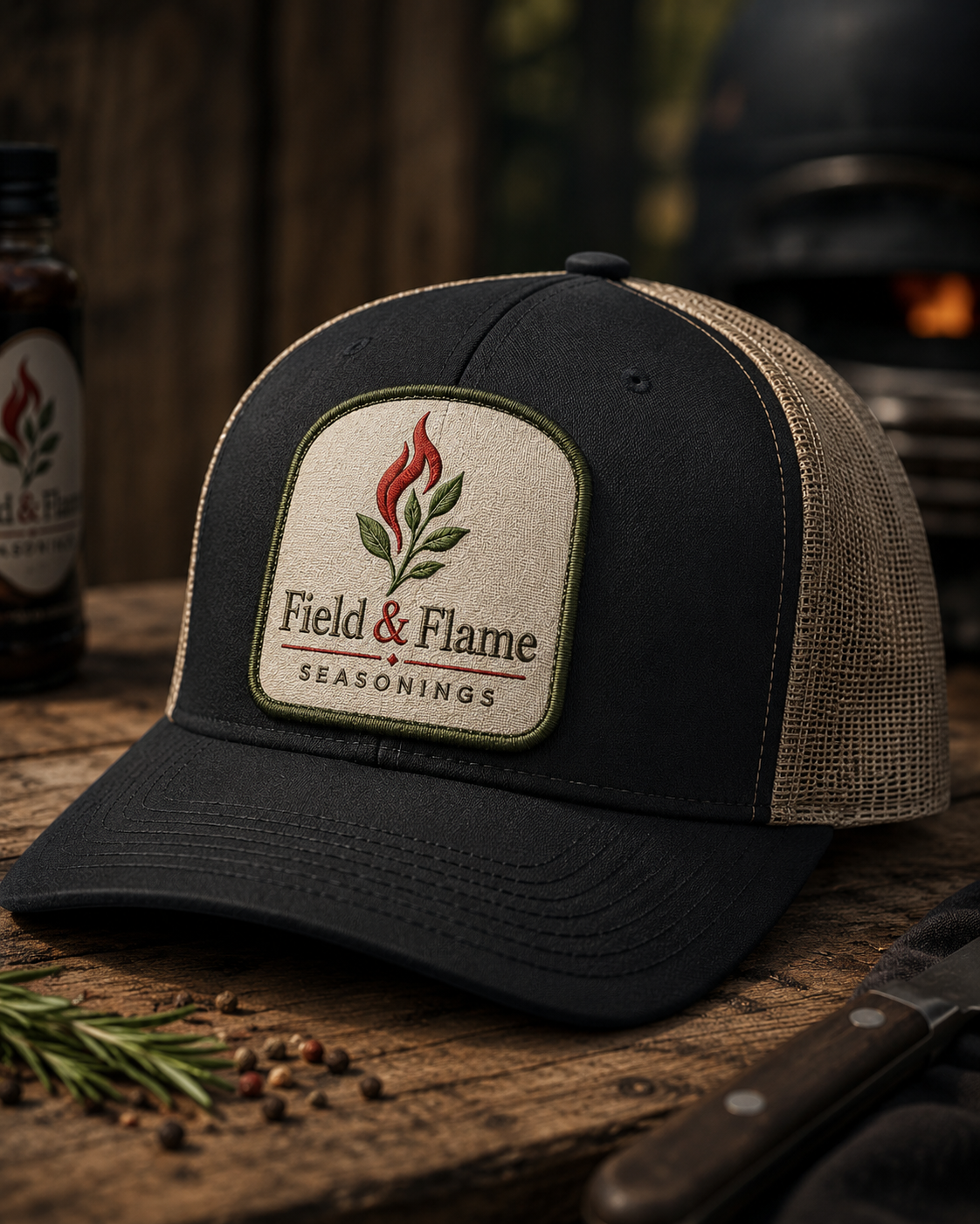 Field & Flame branded hat concept