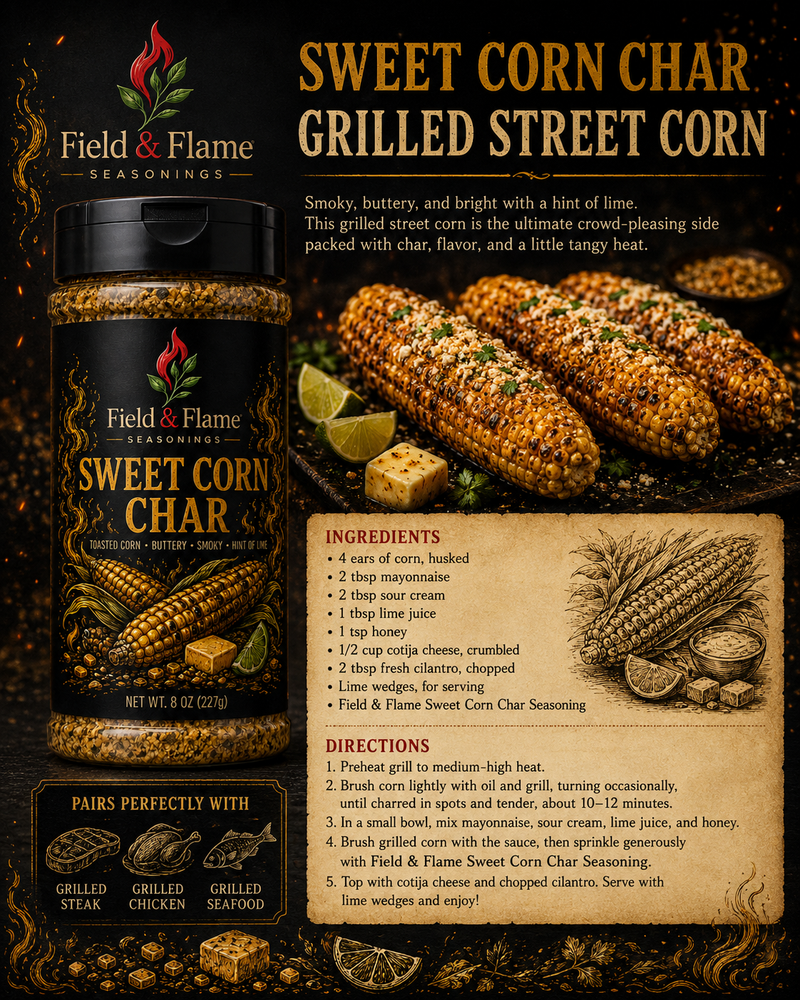 Sweet Corn Char grilled street corn recipe card